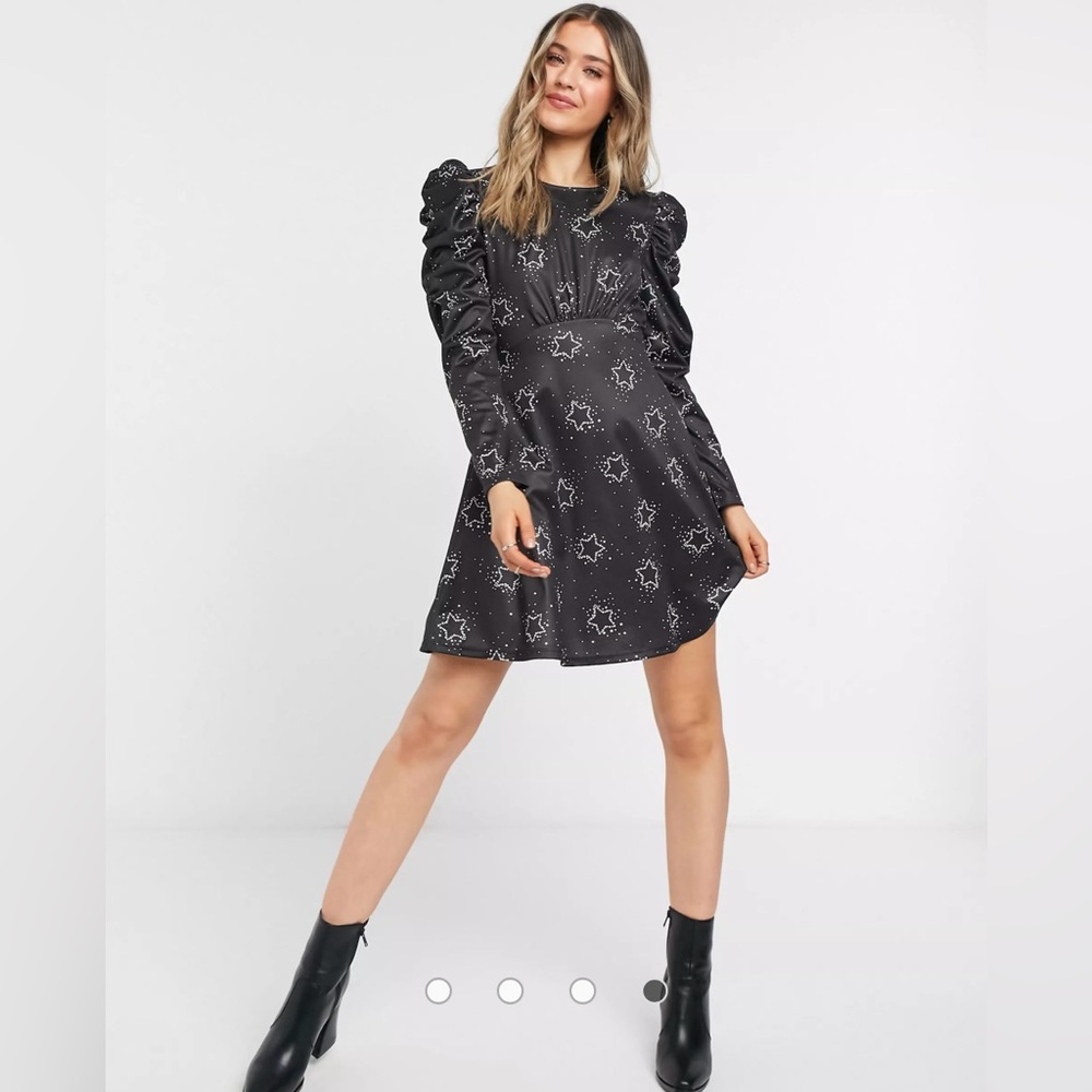 Topshop Black Starry Flippy Puff Sleeve Dress